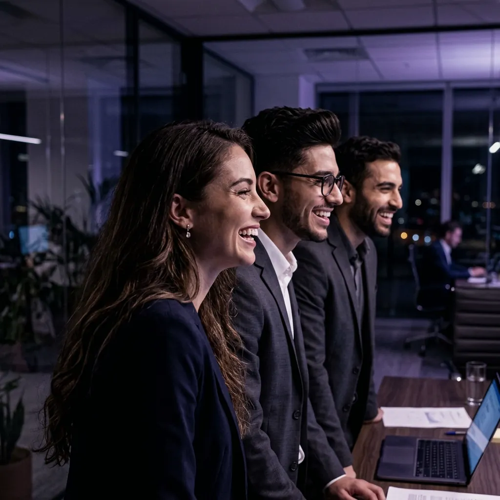Un equipo comparte una conversación junto a un computador.